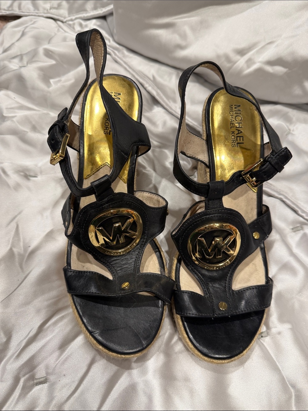 Michael Kors Black Leather Sandals with Gold MK Emblem